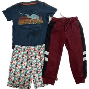 Tea Collections bundle— blue camel tee, jogger pants, swim shorts, sz 3T